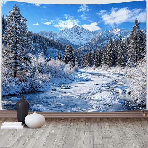 AMM Winter Forest Snow Mountain Tapestry Snowy Pine Tree Woodland Tapestry for Bedroom Aesthetic White Clouds Flowing River Landscape Tapestries Wall Hanging for Living Room Dorm Office 48 x 36 Inch - color: Snow, size: 48"L x 36"W