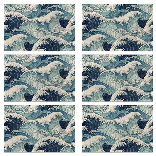Japanese Waves Placemats Set of 6 Linen Table Mats, 12x18 Inch Washable Placemats for Dining Table, Non Slip Heat Resistant Mats for Kitchen Home Decor - color: Japanese Waves
