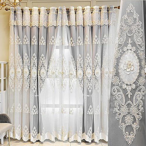 Amidoudou 1 Pair European Double Layer Curtains with Valance for Living Room Bedroom Luxury 3D Flower Embroidered Curtains (Grey,51x84 Inch) - color: Grey, size: 51"W x 84"L (Pack of 2)