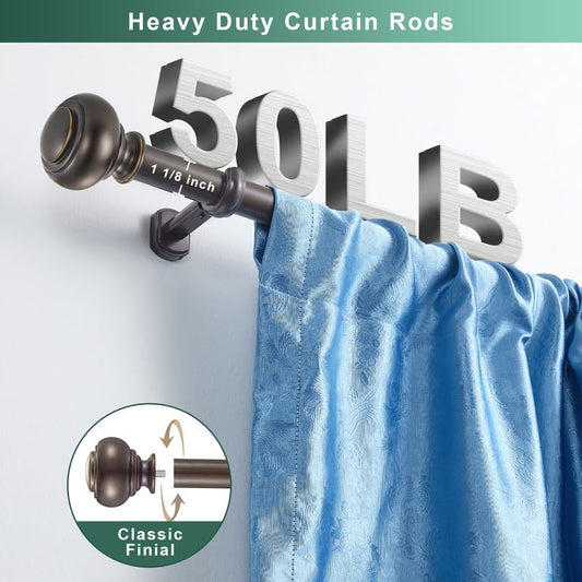 1 1/8 Inch Heavy Duty Curtain Rods, Single Curtain Rod for Window 36-72 Inch(3-6ft), Telescoping Drapery Rods with Classic Finials and Adjustable Aluminum Alloy Brackets, Antique Brown - color: Antique Brown, size: 36-72"