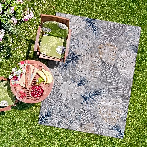 CAMILSON Indoor Outdoor Rug, Blue 6’x9’ Leaf Tropical Botanical Area Rugs for Indoor and Outdoor patios, Easy-Cleaning Non-Shedding Living Room, Garden and Kitchen Washable Outside Carpet (6x9) - color: 3002 Blue, size: 6' x 9' (Rectangular)