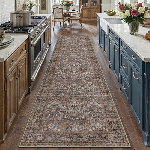 HUGEAR 3x10 Brown Blue Vintage Floral Washable Runner Rug for Hallway - color: Floral | Brown/Blue, size: 3' x 10' (Runner)