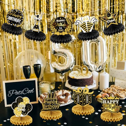 9 PCS Happy Birthday Party Table Decorations | Black and Gold Birthday Center Pieces for Table | Birthday Honeycomb Table Centerpieces | Reusable Birthday Table Toppers for Girls Boys Women Men