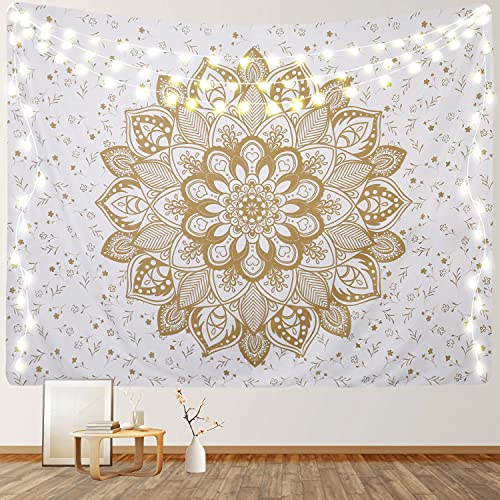 RosieLily White And Gold Mandala Boho Wall Tapestry, Bohemian Indian Psychedelic Hippie Wall Hanging for Bedroom Living Room Dorm Decor, 59" x 79" Inches - color: White, size: 79"L x 59"W