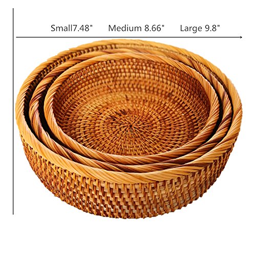 Hadewoven Round Rattan Fruit Basket Wicker Food Tray Weaving Storage Holder Dinning Room Bowl, 10 Inch Woven Bread Basket Key Bowls with 4”Wall for Table, Countertop (Large 9.8") - size: Large 9.8"