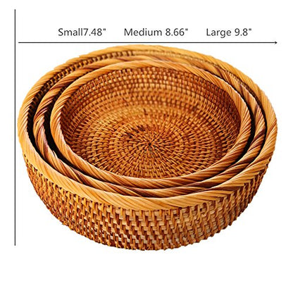Hadewoven Round Rattan Fruit Basket Wicker Food Tray Weaving Storage Holder Dinning Room Bowl, 10 Inch Woven Bread Basket Key Bowls with 4”Wall for Table, Countertop (Large 9.8") - size: Large 9.8"