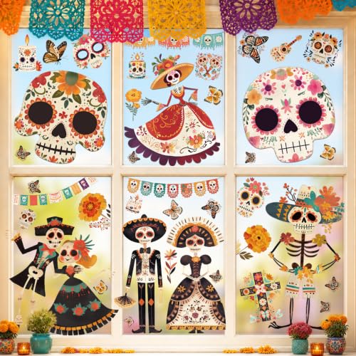 Dia De Los Muertos Decorations Window Clings Day of The Dead Stickers Decor - color: Día De Muertos