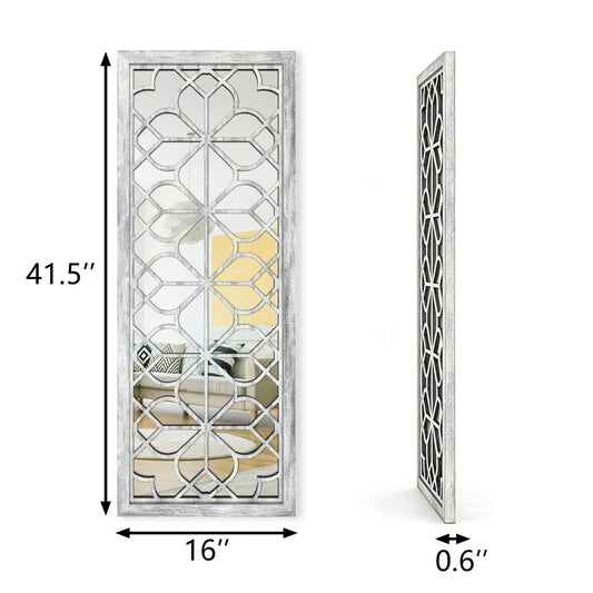 Set of 2 16x41.5 Inch Large Carved Floral Wood Frame Wall Mirrors, Shatterproof Boho Farmhouse Rustic Accent Mirrors for Living Room, Bedroom, Bathroom, Entryway & Home Wall Decor (Gray) - color: Grey（2pcs）, size: 16"L x 41.5"W