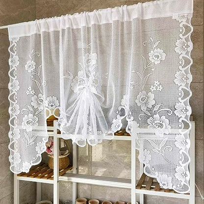 1 Panel White Floral Embroidery Tie-up Sheer Lace Curtain Valance - color: White, size: 39"W x 39"L (Pack of 1)
