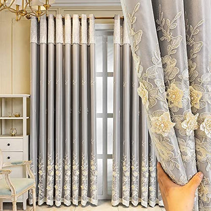 Amidoudou 1 Pair European 3D Flower Luxury Embroidered Curtains Double Layer Curtains with Valance for Living Room Bedroom (Grey,52x84 Inch) - color: Grey, size: 52"W x 84"L (Pack of 2)