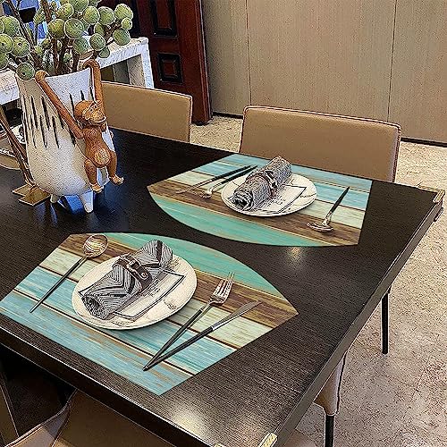 SHACOS Small Round Table Placemats Set of 5 Woven Vinyl Wedge Placemats with Centerpiece Round Table Mats Wipe Clean, Teal Brown Stripe Wood Board - color: Teal Brown