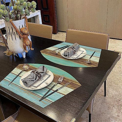 SHACOS Small Round Table Placemats Set of 5 Woven Vinyl Wedge Placemats with Centerpiece Round Table Mats Wipe Clean, Teal Brown Stripe Wood Board - color: Teal Brown