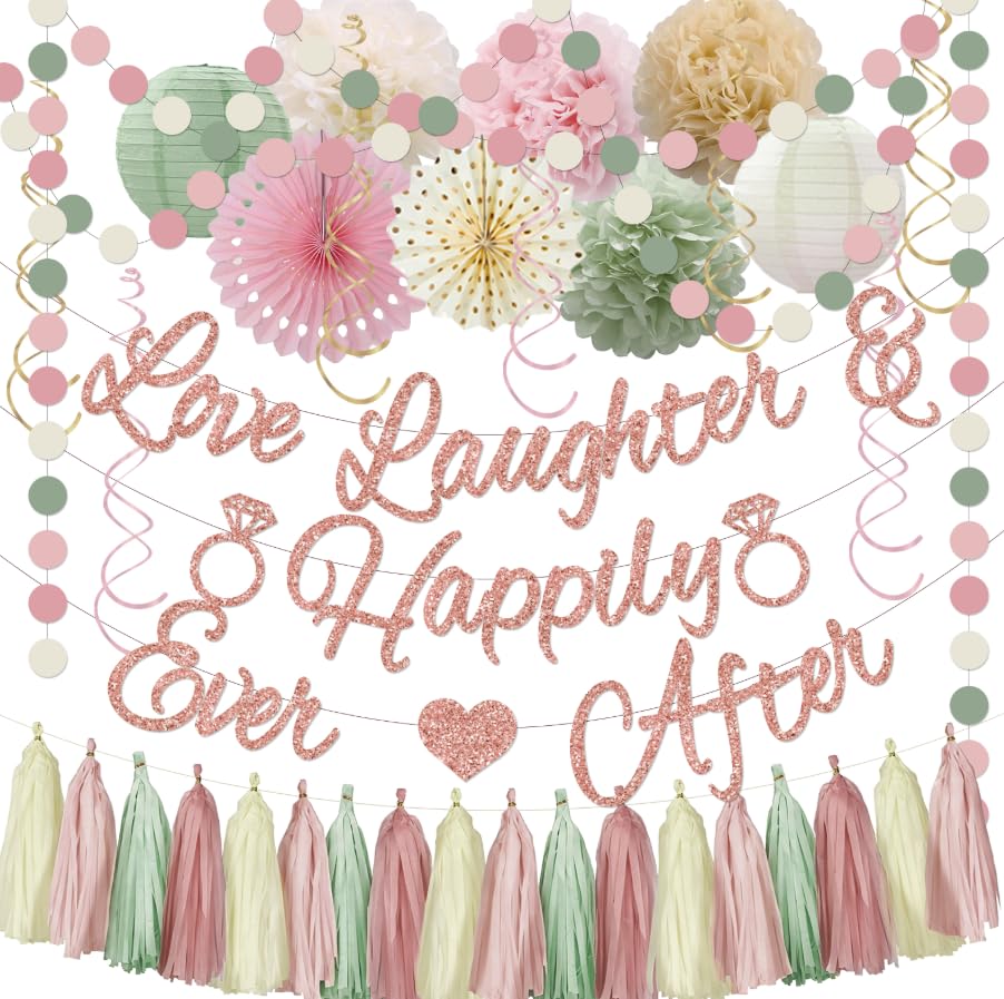 Bridal Shower Decorations,Sage Green Pink Bridal Shower Decorations Includes Love Laughter Happily Ever After Decorations Paper Flower Ball Wedding Decorations for Home Party Bachelorette Party - style: Pink