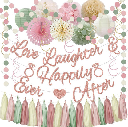 Bridal Shower Decorations,Sage Green Pink Bridal Shower Decorations Includes Love Laughter Happily Ever After Decorations Paper Flower Ball Wedding Decorations for Home Party Bachelorette Party - style: Pink