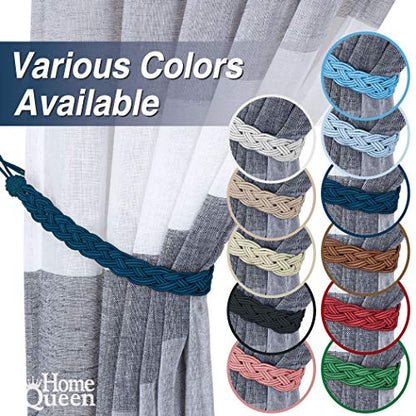 Home Queen Hand Braided Curtain Tie Back, Buckle Holdback Drapery Curtain Tiebacks, 2 Rope Belt Curtain Tie with 2 Metal Hooks, Navy - color: Navy, size: 2 Pack