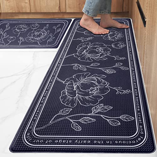 Kitchen Floor Mat Set of 2, Anti Fatigue Kitchen Mat 17"x47"+17"x29" - color: Navy Blue, size: 17"x47"+17"x29"
