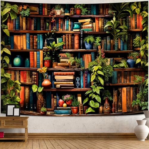 Accnicc Botanical Bookshelf Tapestry Lush Green Plant Book Shelf Tapestries Wall Hanging Art Vintage Retro Potted Plants Academics Library Book Tapestry for Bedroom Living Room Dorm 80 x 60 inch - color: Green, size: 80"L x 60"W