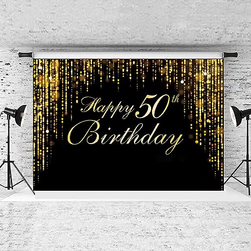 Happy 50th Birthday Photo Background, Black Gold Background Screen Suitable for Birthday Party Decoration Black Gold Flashing Photography Background Photography Booth Photographys - color: 50th Birthday Theme