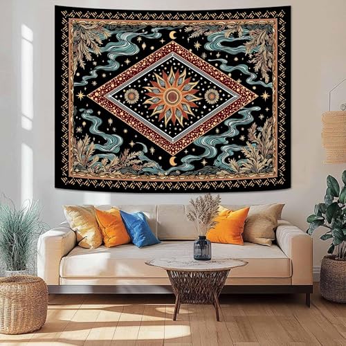 Faxdong Boho Sun Tapestry, Aesthetic Celestial and Fusion Tapesries with Cyan Clouds and Plant,Vintage Mystic Decor for Bedroom, Meditation Living Room or Dorm - color: multicolor2, size: 48"L x 36"W