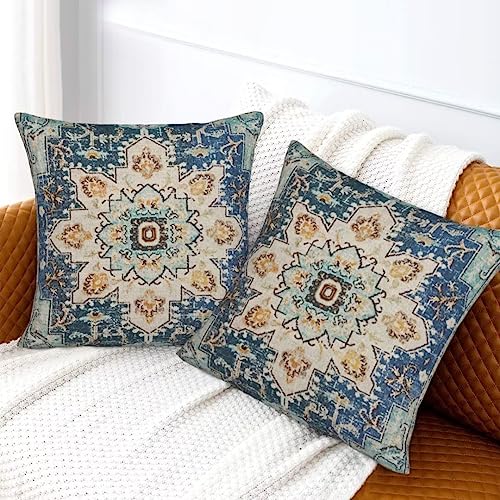 Light Blue Beige Carpet Boho Pillow Covers 18x18 Set of 2 - color: Light Blue, size: 18" x 18" (Pack of 2)