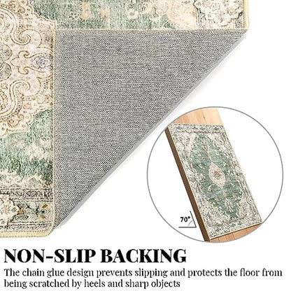 MUJOO 5'x7' Area Rugs Green Washable Boho Rug Non Slip Low-Pile Floral - color: Green, size: 5' x 7' (Rectangular)