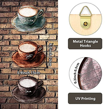 Blulu 3 Pcs Coffee Cup Wooden Wall Art Decor with Metal Hook for Kitchen