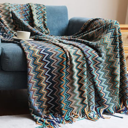 Throw Blanket Bohemian Knitted with Tassel 50x60 Inch (Blue) - color: Blue