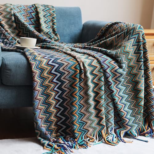 Throw Blanket Bohemian Knitted with Tassel 50x60 Inch (Blue) - color: Blue