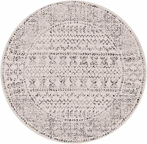 Hauteloom Greig Farmhouse Moroccan Geometric Area Rug - Boho Aztec Tribal Carpet for Living Room, Bedroom, Dining Room - Bordered - Off White, Black, Grey - 7'10" Round Rug - color: Black, Charcoal, Light Gray / Greig, size: 7'10" (Round)