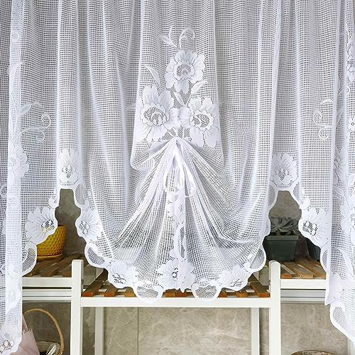 1 Panel White Floral Embroidery Tie-Up Sheer Lace Curtain Valance - color: White, size: 70"W x 39"L (Pack of 1)