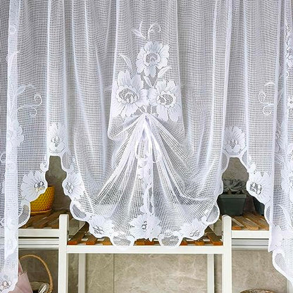 2 Panels Floral Embroidery Tie Up Sheer Lace Curtain Valance - color: White, size: 70"W x 39"L (Pack of 2)