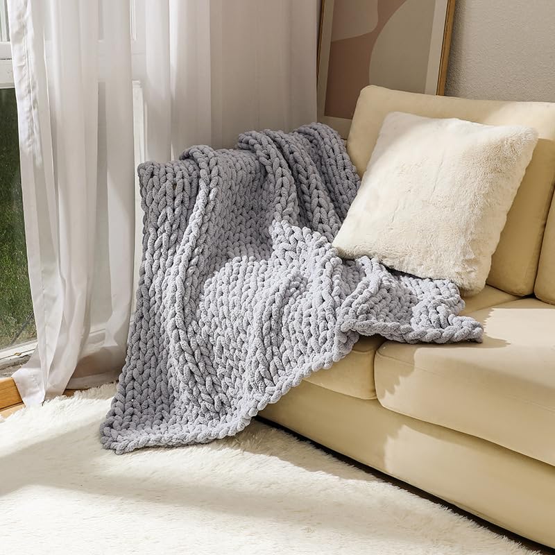 Soft Chunky Knit Throw Blanket for Couch, Cozy Warm Knitted Blankets - color: Gray, size: 40"x60"(Medium Size Throw)