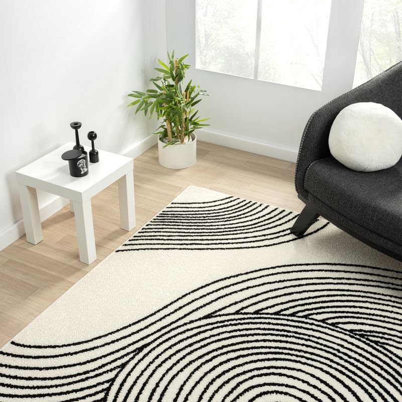 Abani Cream and Black Swirl Area Rug | 6" x 9" Beige Carpet with Wave Pattern | Modern Rug for Living Room, Bedroom and Office | Nuevo Collection - color: Cream, size: 6' x 9' (Rectangular)