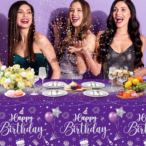 Tudomro 3 Pcs Plastic Happy Birthday Party Tablecloths,Purple Silver - color: Purple Silver