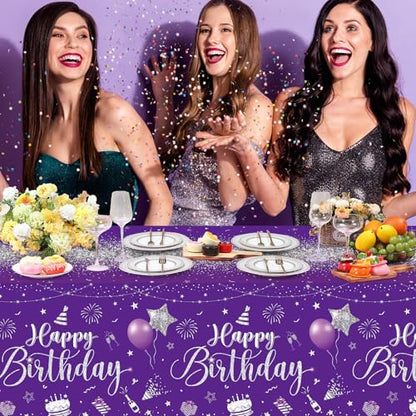 Tudomro 3 Pcs Plastic Happy Birthday Party Tablecloths,Purple Silver - color: Purple Silver