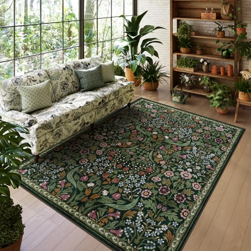 Lahome Green Floral 5x7 Rug, Washable Botanical Area Rug for Living Room - color: Green, size: 5' x 7'