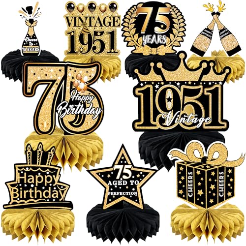 9 Pcs 75th Birthday Decoration for Men Women Table Honeycomb 1950 Decor - color: 75th-black and Gold