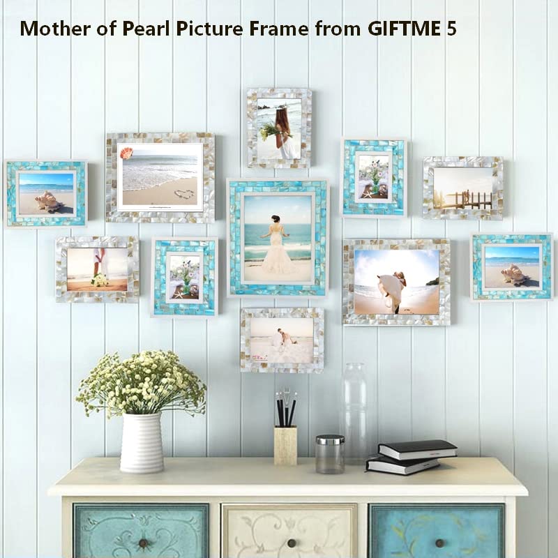 Mother of Pearl Beach Picture Frame 4x6, Blue | Natural Pearl,Turquoise Tabletop or Wall Hanging, Mosaic Glass Photo Frame, 1pc - color: Blue, size: 4x6 Inch