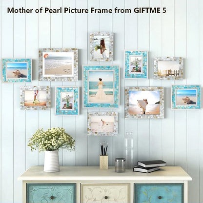 Mother of Pearl Beach Picture Frame 4x6, Blue | Natural Pearl,Turquoise Tabletop or Wall Hanging, Mosaic Glass Photo Frame, 1pc - color: Blue, size: 4x6 Inch