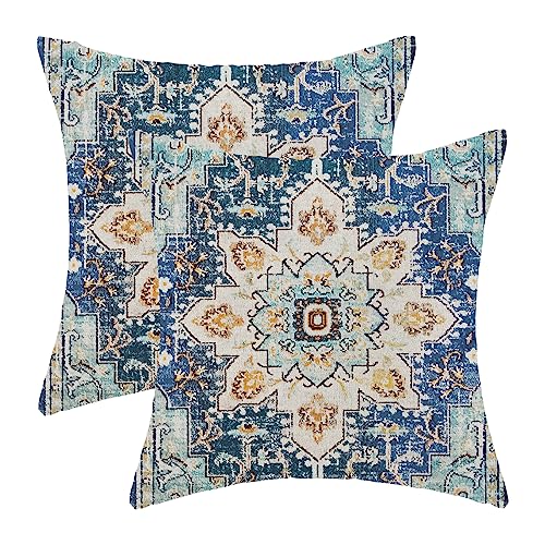 AEIOAE Boho Pillow Covers 16x16 Inch Set of 2,Carpet Pattern Throw Pillows Case,Blue Yellow Ethnic Design Outdoor Decorative Square Linen Farmhouse Decor Cushion Covers for Home Sofa Bed Couch - color: Blue Yellow Boho, size: 16" x 16" (Pack of 2)