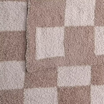 Ultra Soft Checkered Blanket Cozy Buffalo Check Throw Fluffy Knitted Reversible Throw Blanket Lightweight Fleece Checkerboard Grid Blanket for Sofa Couch Bed Travel, Linen/Warm Gray, 51''x63'' - color: Linen/Warm Gray
