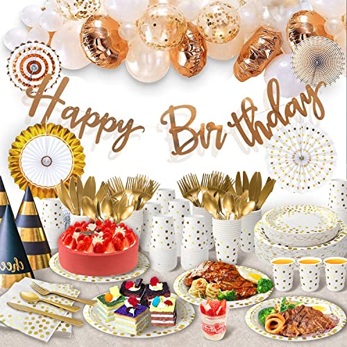AIRE White Gold Dot Paper Plates Set, 350PCS Disposable Tableware for 50 - color: 350pcs White and Gold