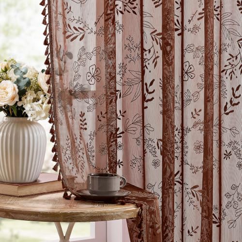 Kotile Brown Sheer Curtains 63 Inch Length, Floral Lace Window Panels - color: Brown, size: 52"W x 63"L (Pack of 2)