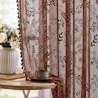 Kotile Brown Sheer Curtains 72 Inches Long, Floral Lace Window Panels - color: Brown, size: 52"W x 72"L (Pack of 2)