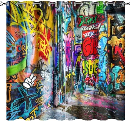 Abstract Modern Art Graffiti Curtains for Bedroom Colorful Hip Hop City Street Wall Graffiti Blackout Curtains Thermal Insulated Room Darkening Grommet Wondow 2 Panels 45" L x 21" W - color: Abstract Modern Art Graffiti, size: 42"W x 45"L (Pack of 1)