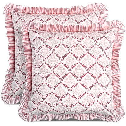 CPC Blush Rose Block Print Ruffle Pillow Cover 18x18 Inch, Pack of 2 - color: Blush Rose, size: 18" x 18" (Pack of 2)