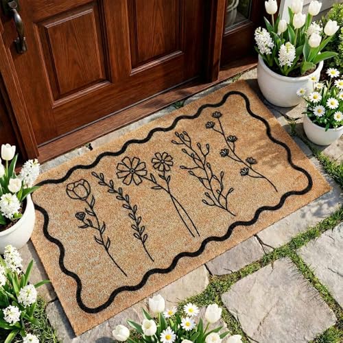 Dunzy Floral Door Mat Outdoor Black Scalloped Welcome Mat for Front Door - style: Wildflower