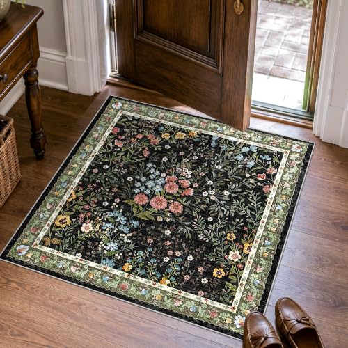 3x3 Square Entry Rug Foyer Entryway: Non-Slip Floral Washable Rugs for Indoor Floor Living Room Kitchen Bedroom - Soft Thin Doormat Carpet Boho Vintage Home Decor (3ft Square, Black) - color: Black, size: 3x3