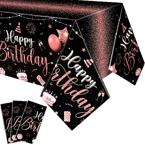 Tudomro 3 Pcs Plastic Happy Birthday Party Tablecloths,Black Rose Gold - color: Black Rose Gold