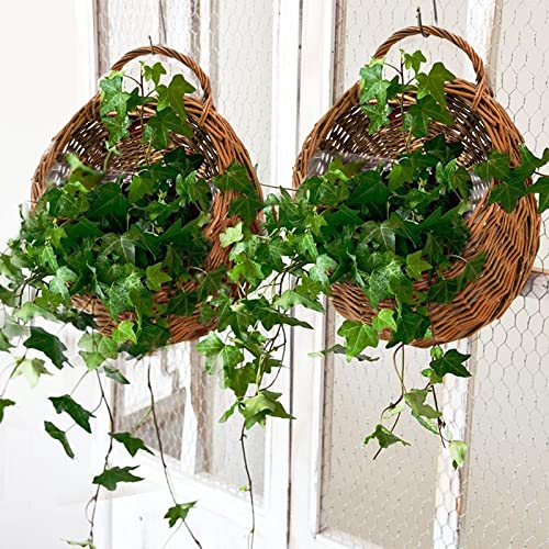 Foraineam Handmade Woven Hanging Basket, Natural Wicker Storage Basket Wall Hanging Flower Pot, Rattan Hanging Planter Container for Home Garden Wedding Wall Decorations
